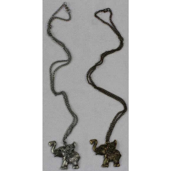Lot of 2 Vintage Elephant Pendant Necklaces Silver & Bronze Tone Long Chain - Picture 2 of 7